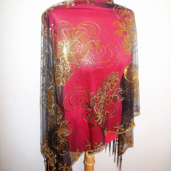 Shawl Sequin Lace Black Gold Sheer Long Fringe Special Occasion Evening Wrap - Picture 3 of 5